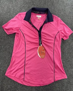 Greg Norman ML75 Play Dry Golf Polo Women Small Bright Pink Navy Ruched NWT thumbnail 1