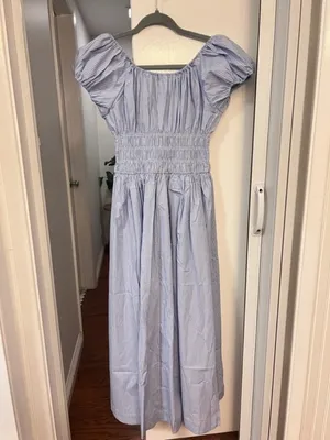 Doen Quinn Tie-Detailed Shirred Striped Organic Cotton-Poplin Midi Dress,Blue,S thumbnail 13