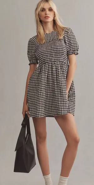 Anthropologie Maeve Puff-Sleeve Babydoll Mini Dress gingham size XS thumbnail 1