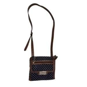 Chaps Navy Blue Polka Dot Crossbody Bag Brown Trim Canvas Small Messenger Purse thumbnail 2