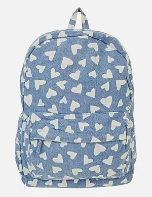 Billabong Denim Heart Print Backpack Blue White Adjustable Straps School Bag‎ thumbnail 1