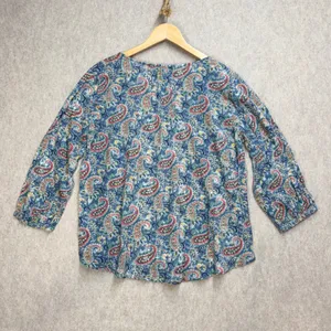 Lauren Ralph Lauren Blue Paisley Henley Blouse XL‎ 3/4 Sleeve Cotton Viscose Top thumbnail 5