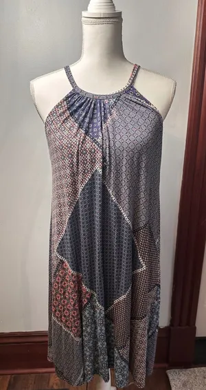 Blue Patchwork Halter Neck Dress Tile Print Sleeveless Summer Sun Dress RN 75343 thumbnail 1
