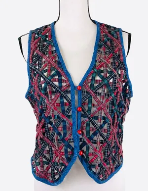 Vintage 90s Victoria Jones Petites Denim Plaid Red Blue Woven Netted Vest PL thumbnail 1
