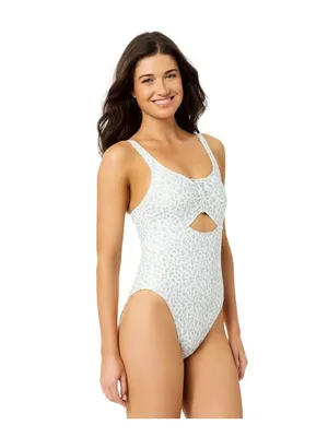 NWT California Waves Ditsy Wide Rib Tunneled One-Piece Swimsuit Blue Combo M thumbnail 2