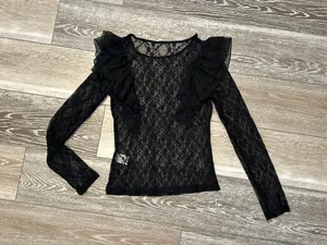 NWT SHEIN Sz S Sheer Black Lace Top w Ruffle Accents Cute! thumbnail 4