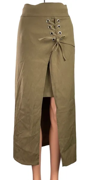 Murua Women's Khaki Green High Waist Lace Up Tie Front Slit Midi Skirt Size 1 thumbnail 1