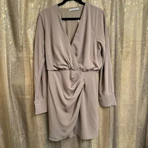 Abercrombie & Fitch Nude Tan Chiffon Long Sleeve Faux Wrap Dress Large Tall NWT thumbnail 2