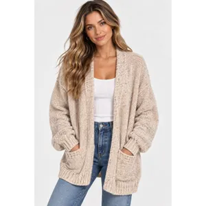 Free People Womens Cardigan M Beige Marled Oversized Open Front Knit Sweater thumbnail 2