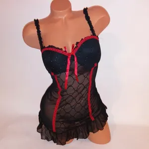Native Intimates Babydoll Teddy 36B Medium Black Red Lace Sheer Rhinestones thumbnail 2