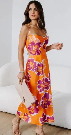 VICI Satin Orange Floral Cut-out Dress - Island Dates thumbnail 1