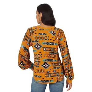 Wrangler Retro Boho Aztec Southwest Balloon Sleeve Top • Ochre Mustard Small thumbnail 2