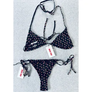 Full Send Cherry Print Bikini Triangle Top Tie String Swimsuit Black Medium New! thumbnail 2
