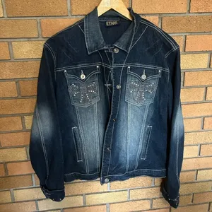 Ethyl Vintage Jean Denim Jacket Women’s Size 1X Gemstone Bedazzled Cross Y2K thumbnail 2