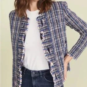 IRO Paris Multi Color Tweed Fringe Collarless Zip Pocket Jacket Blue Pink 36 4 thumbnail 11