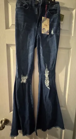 YMI Distressed Flare Jeans Raw Hem Dark Wash NWT Size 3/26 thumbnail 1