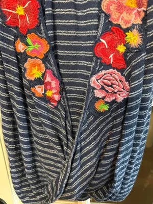 FREE PEOPLE Freida Navy Striped Embroidered Floral Surplice Top Size Medium thumbnail 4