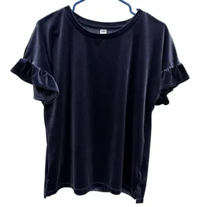 Old Navy Blue Velvet Ruffled Short Sleeve Top Womens Medium thumbnail 7