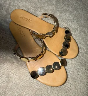 SCHUTZ Gold Leather Slide Sandals with Decorative Metallic Discs size 9 thumbnail 1