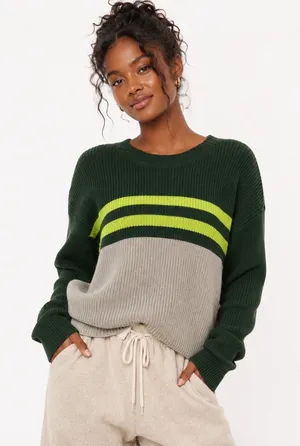 American Eagle Colorblock Striped Crewneck Sweater Green Grey Yellow Size S thumbnail 1