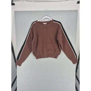 Womens Sweater Brown Ribbed Knit Racing Stripe Crewneck‎ Large thumbnail 2