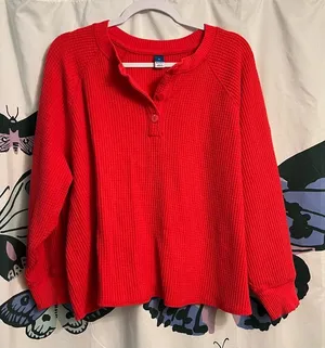 Old Navy Henley slightly cropped waffle knit top thumbnail 1