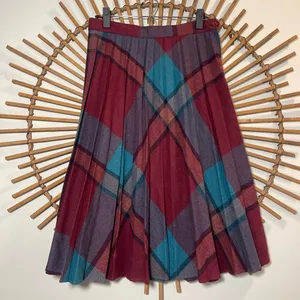 VTG Plaid Pleated Wool Skirt Midi Skirt Red Multi 60’s-70’s Union Made Academia thumbnail 2
