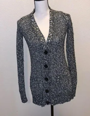 Mudd  heathered grey sequined v-neck button down sweater thumbnail 1