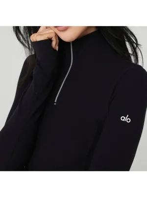 Alo Rise Up Long Sleeve Bodysuit Black Mock Neck Zip-Up Turtleneck Stretchy Rib thumbnail 4