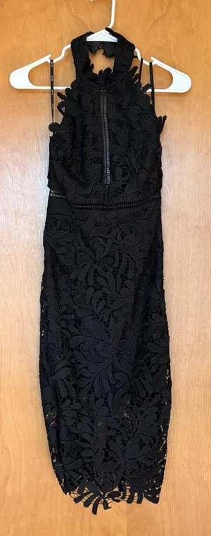 Bardot Black Lace Halter Neck Midi Dress Cutout‎ Back Elegant Formal thumbnail 1