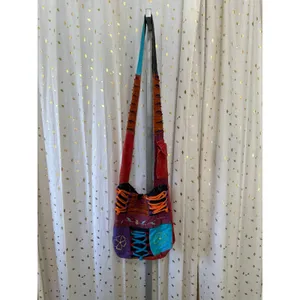 100% Cotton Mineral Wash Dye Geometric Embroidered Patchwork Crossbody Bag thumbnail 2