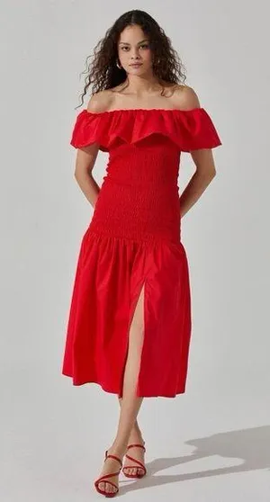 ASTR The Label Off the Shoulder Cotton Red Ruffle Midi Dress Size Small thumbnail 1