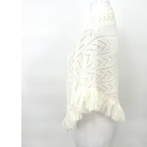 Vintage Shawl Wrap Women OS Ivory Pointelle Knit Fringe Crochet Boho Grannycore thumbnail 3