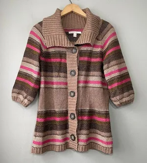 Old Navy Y2K Sweater Size Medium Striped Short Sleeve Lambswool Button Cardigan thumbnail 1