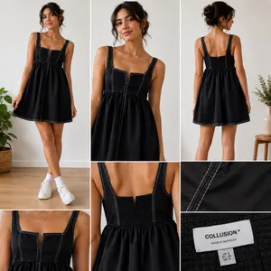 Collusion Black Contrast‎ Stitch Babydoll Mini Dress Square Neck US 2 F103749 thumbnail 2