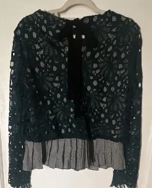 Maeve Anthropologie Gabriella Green Lace and Gingham Peplum Long Sleeve Top thumbnail 2