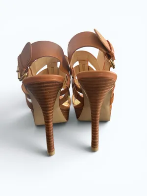 Marc Fisher Brown Leather Strappy Woven Platform Sandals Chunky Heel Sz 6.5 thumbnail 6