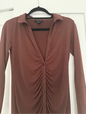 New Look Button-Front Ruched Long Sleeve Dress in Rust thumbnail 5