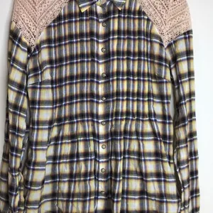 Free People Women's Flannel Plaid Crochet Lace Button Up Shirt Yellow Size XS thumbnail 2