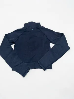 Fabletics Ribbed Seamless Full Zip‎ Jacket Navy Blue Mock Neck Cropped Small thumbnail 2