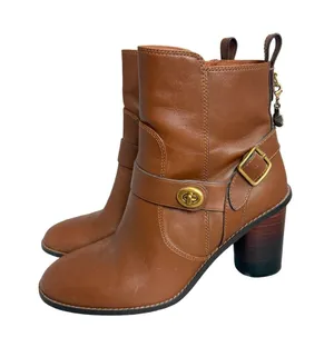 Coach Saddle Tan Leather Moto Buckle Heeled Ankle Booties Biker Size 8.5 Women's thumbnail 1