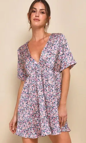 Lulus Blush Pink Floral Print Satin Babydoll Dress thumbnail 2