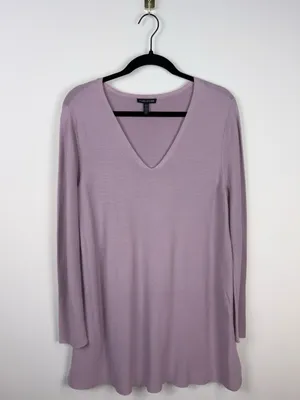 Eileen Fisher Organic Cotton V-Neck Knit Tunic Sweater Women’s Large Purple thumbnail 2