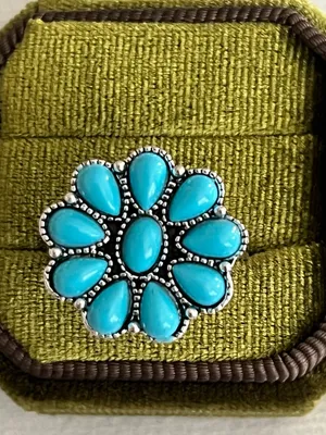 Boho/Chic Blue Turquoise Flower Design Stainless Steel Silver Statement Ring S 9 thumbnail 2