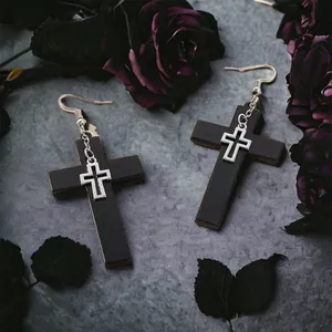Unique design double‎ layer black cross light weight plastic dangle earrings thumbnail 2