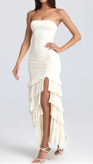 Oh Polly Ivory Strapless Bandeau Ruched Ruffle-Trim Maxi Dress thumbnail 1