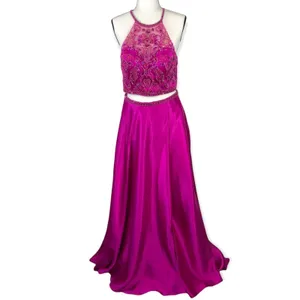 Mori Lee Fuchsia Embellished 2 Piece Prom Dress Size 10 Halter Gown thumbnail 4