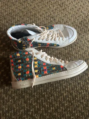 P448 Women’s White High-Top Leather Sneakers with Multicolor Woven Panels thumbnail 3