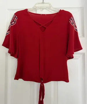 Red 70s Style Culotte Blouse Crisscross Tie-Front Women’s Top thumbnail 1