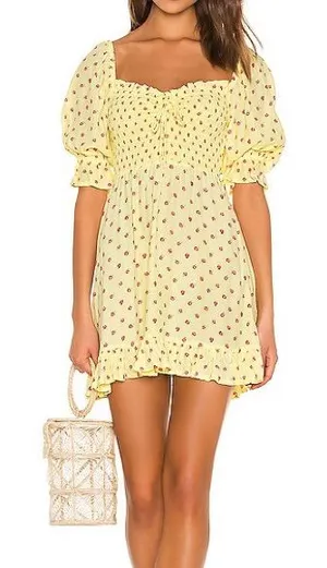 Faithfull the Brand Puff Sleeve Yellow Floral Sage Mini Dress Size Large thumbnail 1